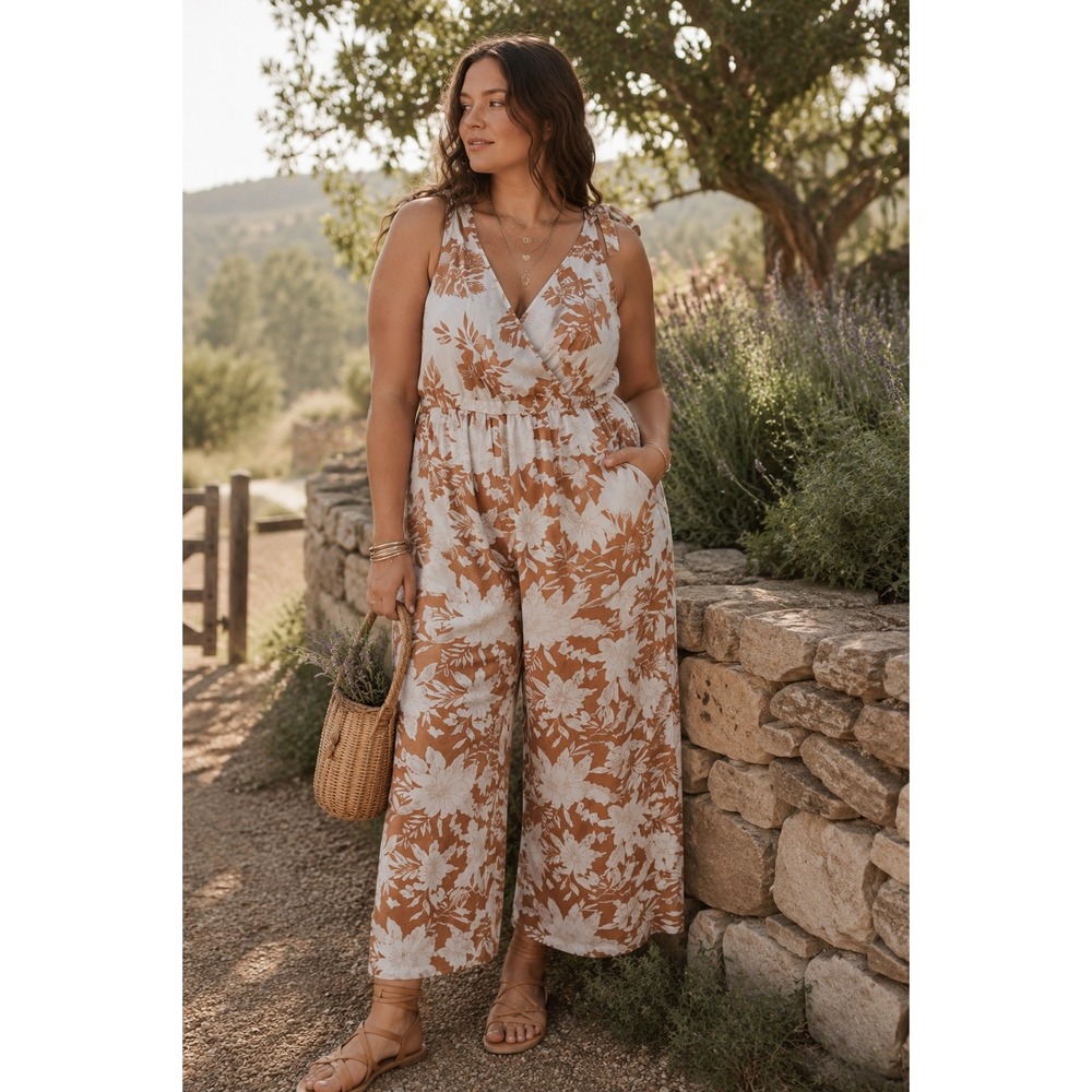 American Eagle Floral Wide Leg Jumpsuit XL Tan Cream Tie Shoulder Boho